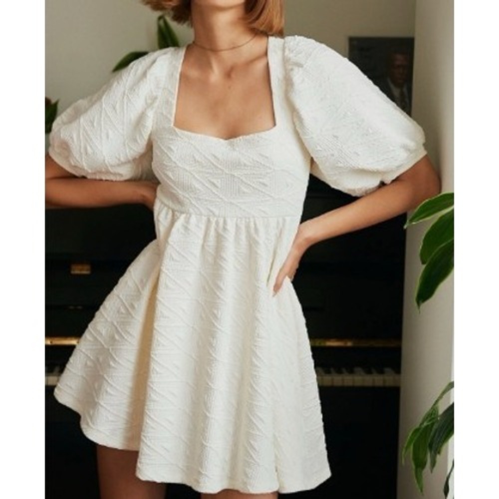 Free People Violet Mini Dress White Textured Puff Sleeve Tie Back XS LWD